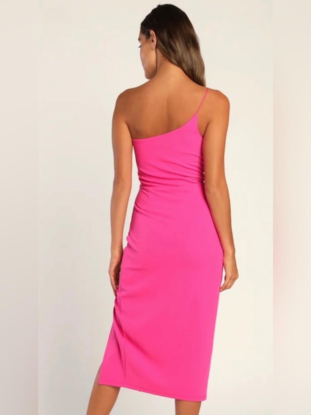Hello Molly One-Shoulder Hot Pink Midi Dress with Front Slit - Picture 3 of 4
